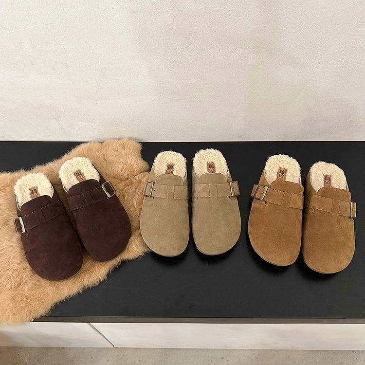 

One pedal retro ugly cute soft-soled plush shoes outside women s autumn and winter new plush warm bag head drag 40