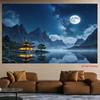 2D Asian Mountain Night Backdrop, Starry Sky and Misty Water