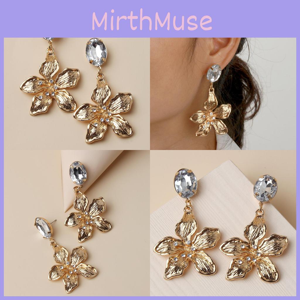 Gold Flower Earrings With Rhinestones For Women Gift Weddings And Celebrations