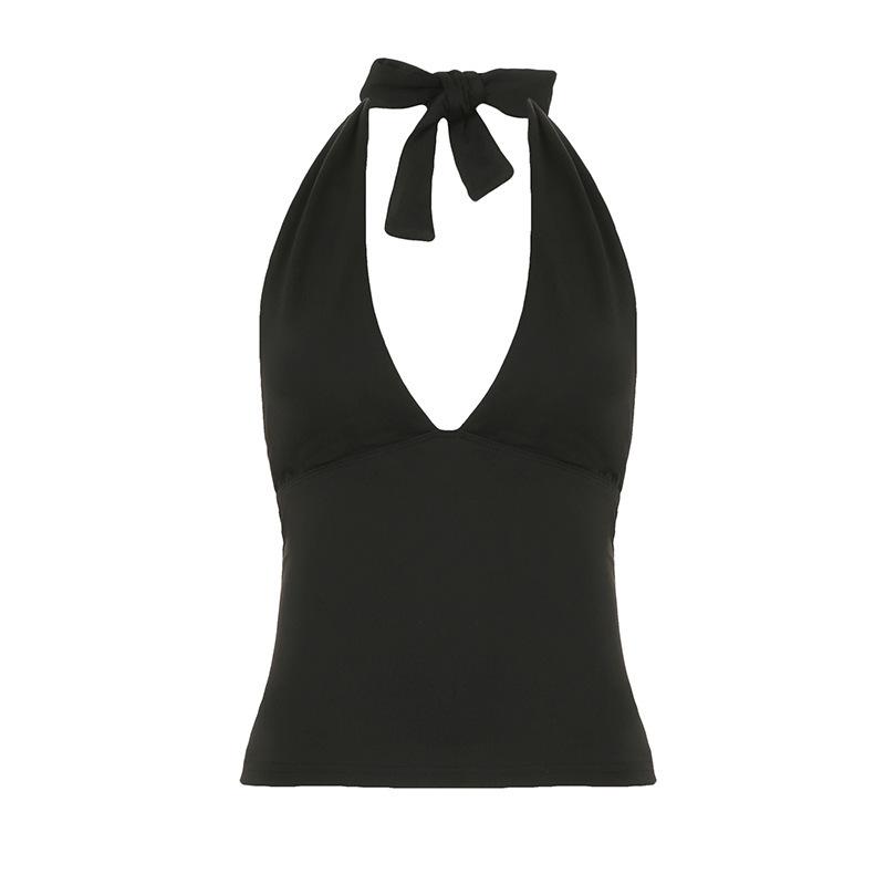 Sexy Women s Halter Neck V-Neck Crop Top - Solid Color Slim Fit Sleeveless Summer Vest S