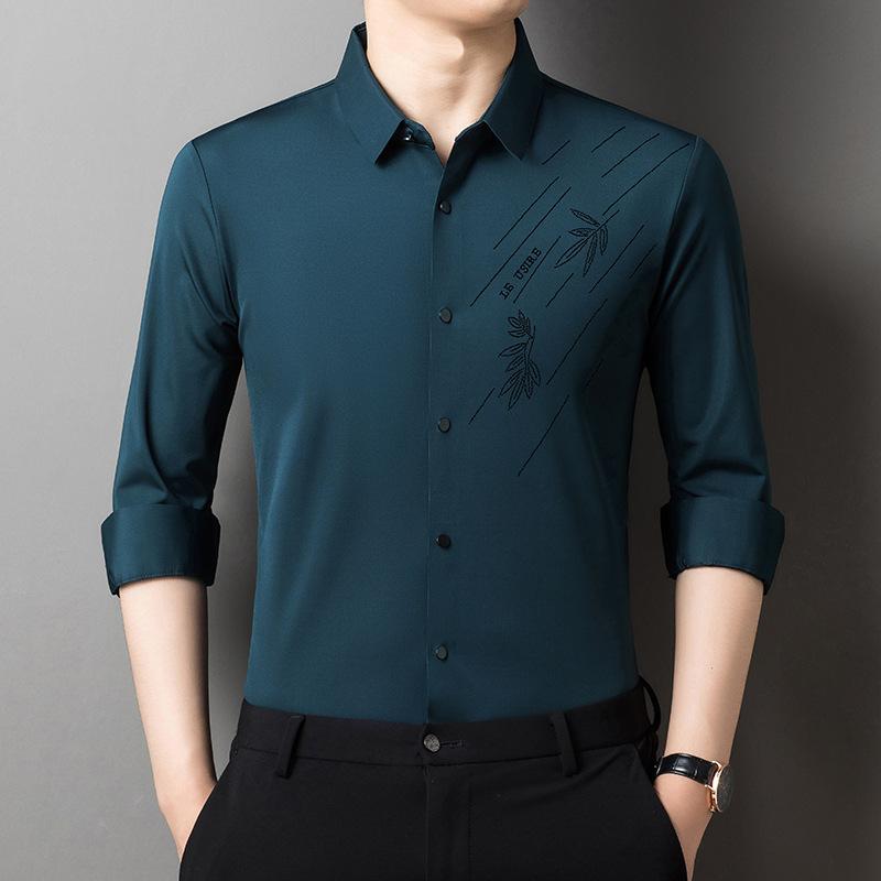 Autumn New Men's Long-sleeved Fitted Lapel Middle-aged Men's Casual Ready-made Printed Shirts