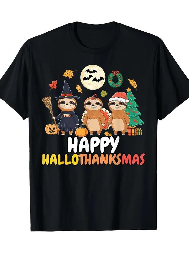 Men039;s Festive Sloth T-Shirt034;Happy Hallothanksmas wbr/ 034; Design with Holiday Decorat Unisex T-Shirt S
