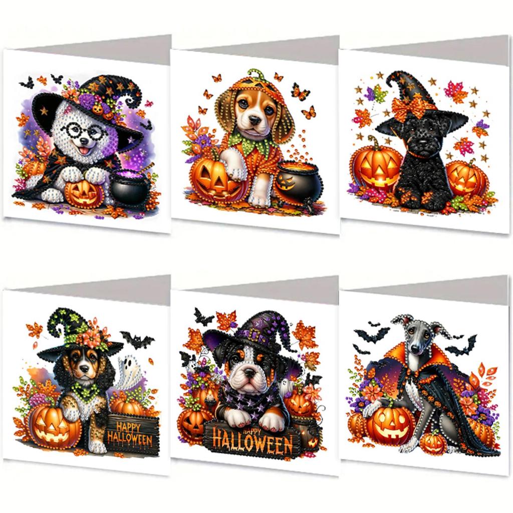 6pcs DIY Diamond Painting Greeting Card Set Halloween Pattern Rhinestone Diamond Art Mosaic Postcards for Halloween and Holidays