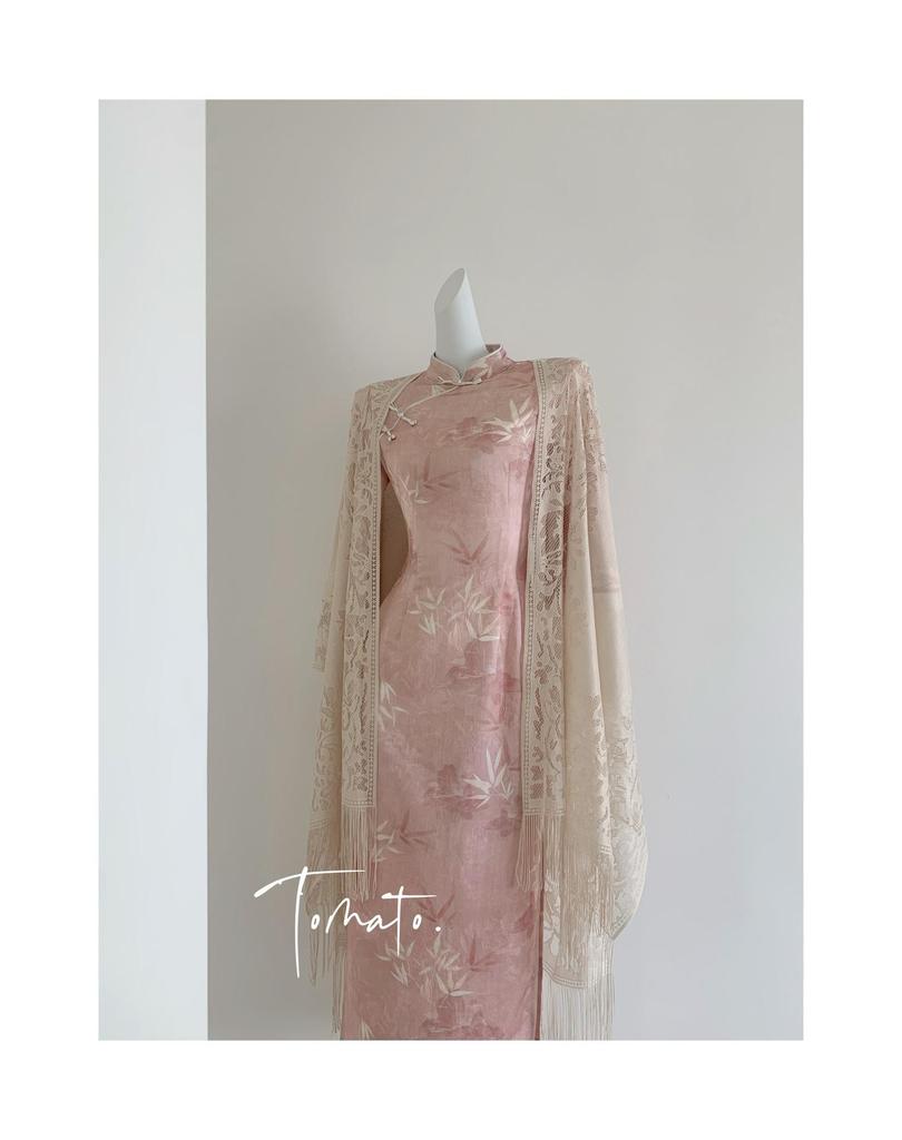 2025 New Pink Jacquard Satin Cheongsam with Large Sleeves - Young Autumn Style
