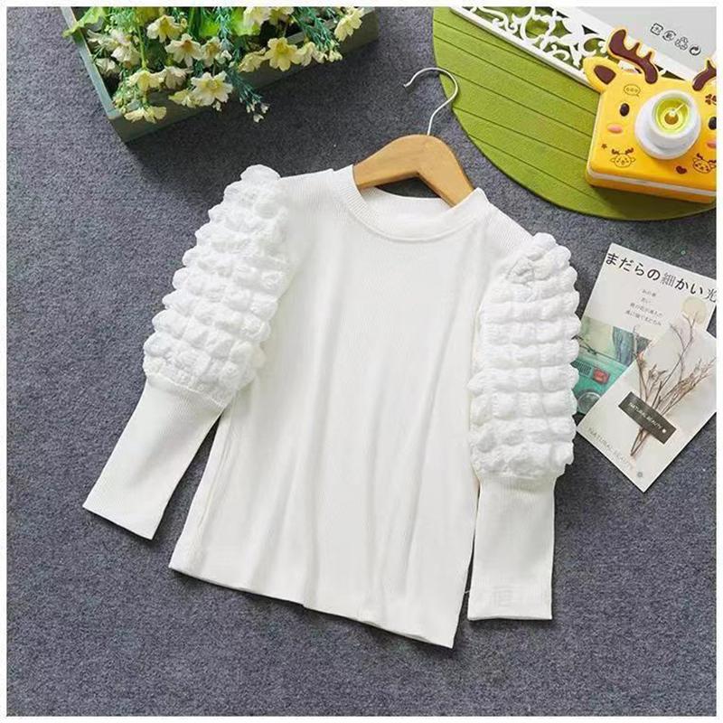 

Нижняя рубашка для девочек, новые футболки с длинными рукавами, детская футболка с пышными рукавами для девочек, весенне-осенние детские топы с круглым воротником 6T(130)