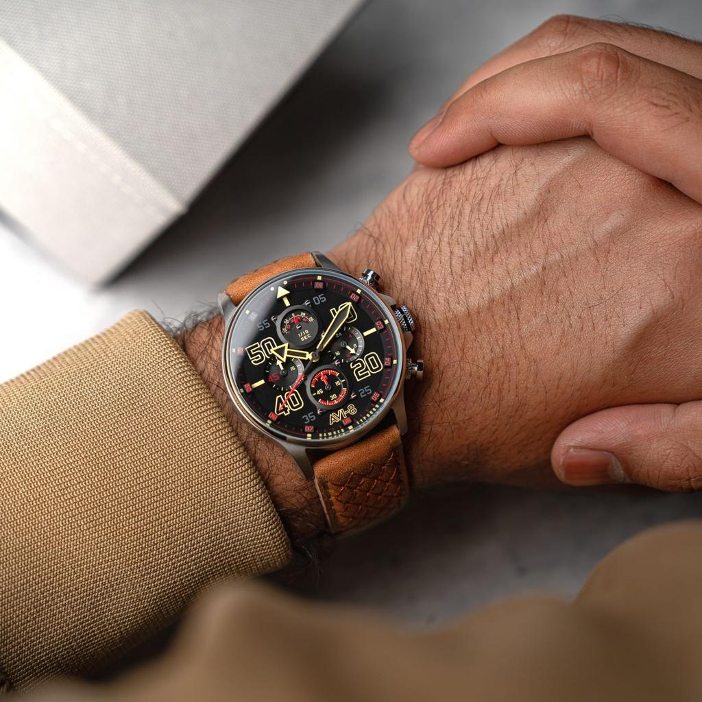 AVI-8 Hawker Typhoon Coningham Chronograph Kožený řemínek Baldwin Černý ciferník Quartz AV-4093-0B Pánské hodinky