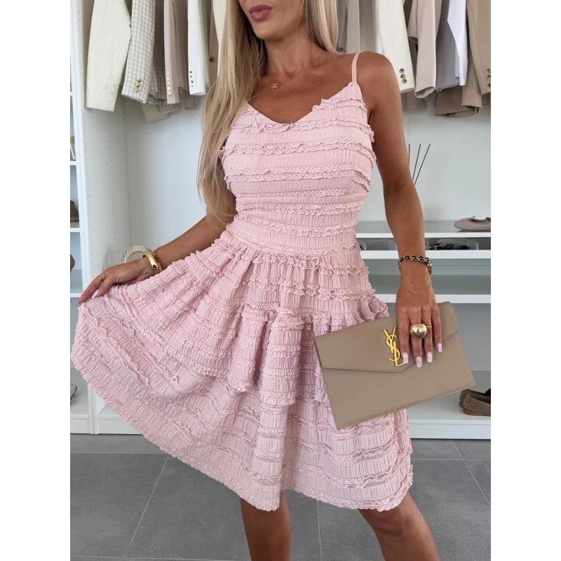 

Summer European and American Style Women clothes Solid Frill Sexy Sling Lace Dress Lace Lace Dress Pink XL