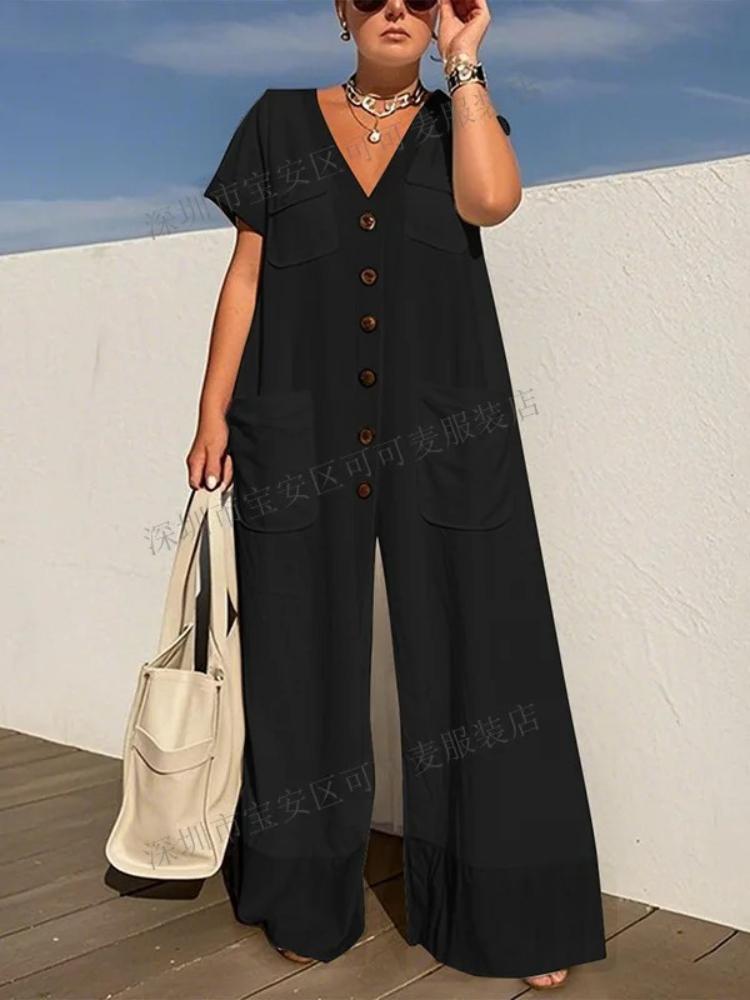 Summer Single-breasted Women's Jumpsuits Fashion Pocket Elegant Office Rompers Casual Loose Oversized Women Jumpsuit