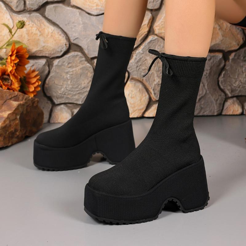 2025 Trend Woman New Chelsea Pumps Platform Women Knitting Ankle Sock Boots Fashion Winter Snow Botas Mujer Bow High Heels Shoes