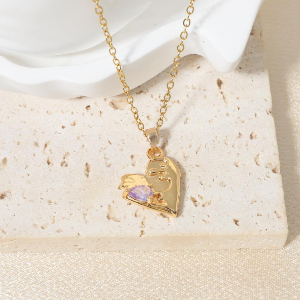 Purple Teardrop Zirconia Heart Pendant Necklace, Golden Tone Dainty Jewelry for Women