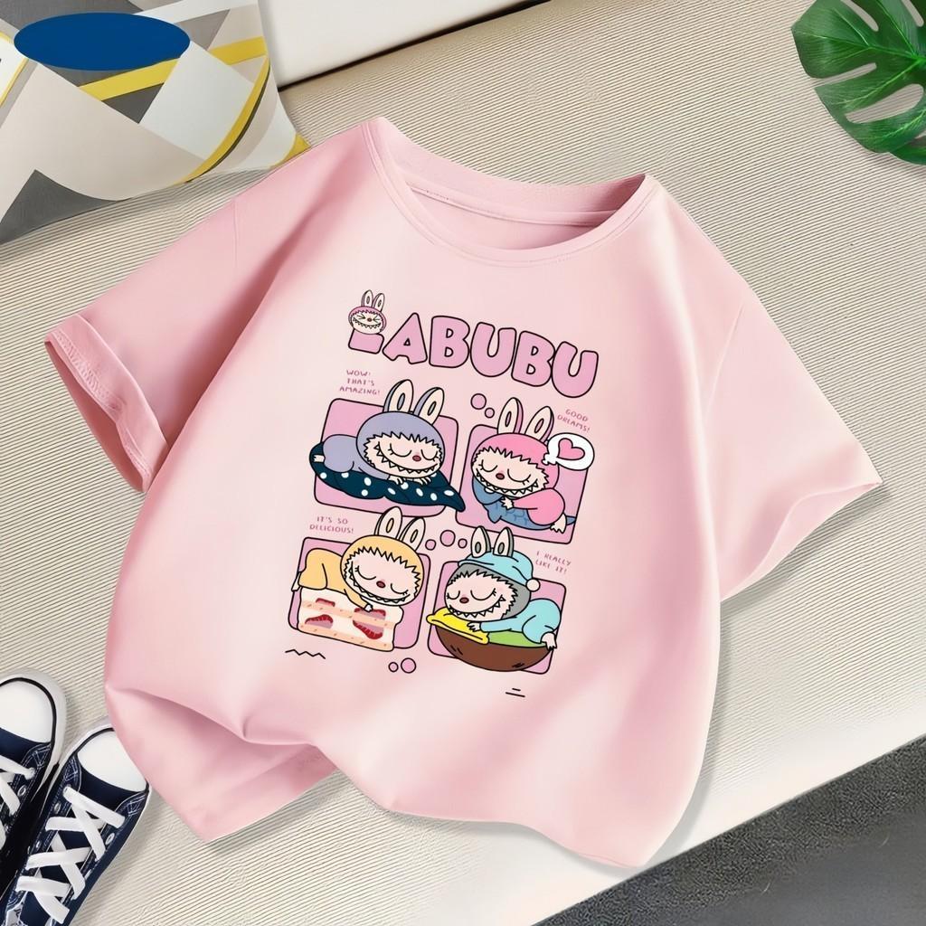 4-14 Years Old Labubu Cartoon Printed Children's Short Sleeved Girls' Round Neck Top Summer Children's T-shirt Casual Children's Clothing