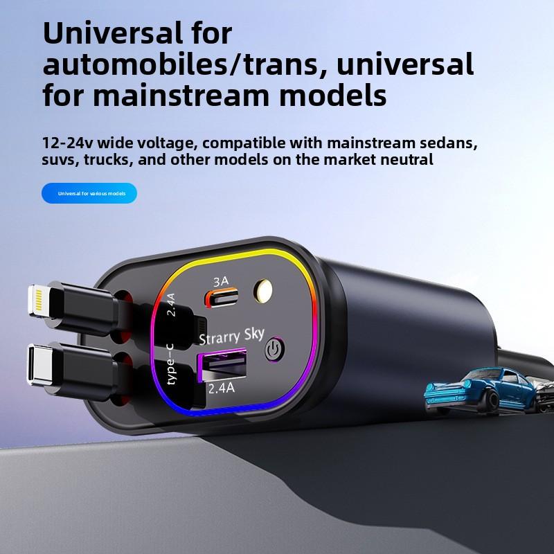 Z3 120W Retractable Car Charger Fast Charge USB+PD30W Power Adapter 4-in-1 Phone Charger w/ Roof Starlight For IOS Android Phone