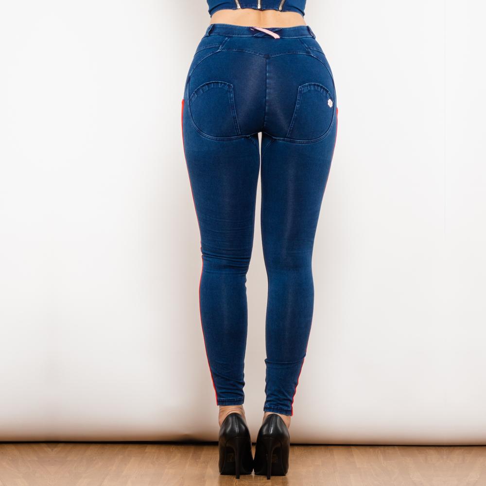 Shascullfites Melody Calça Jeans Listrada Lateral Branca e Vermelha Azul Escuro Cintura Média Elástica Calça Slim Reta Calça Levanta Bumbum