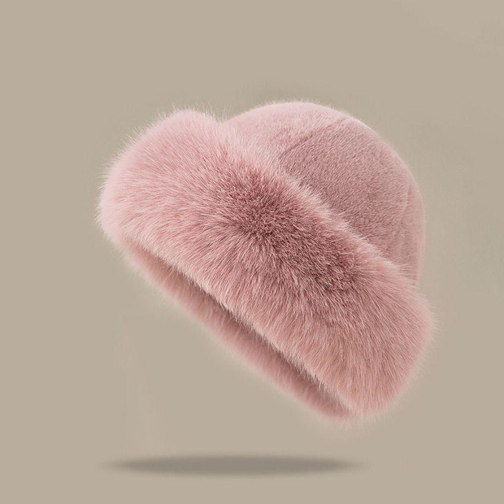 Solid Color Fluffy Fur Bucket Hat Imitation Mink Fur Winter Beanies Hat Cold Weather