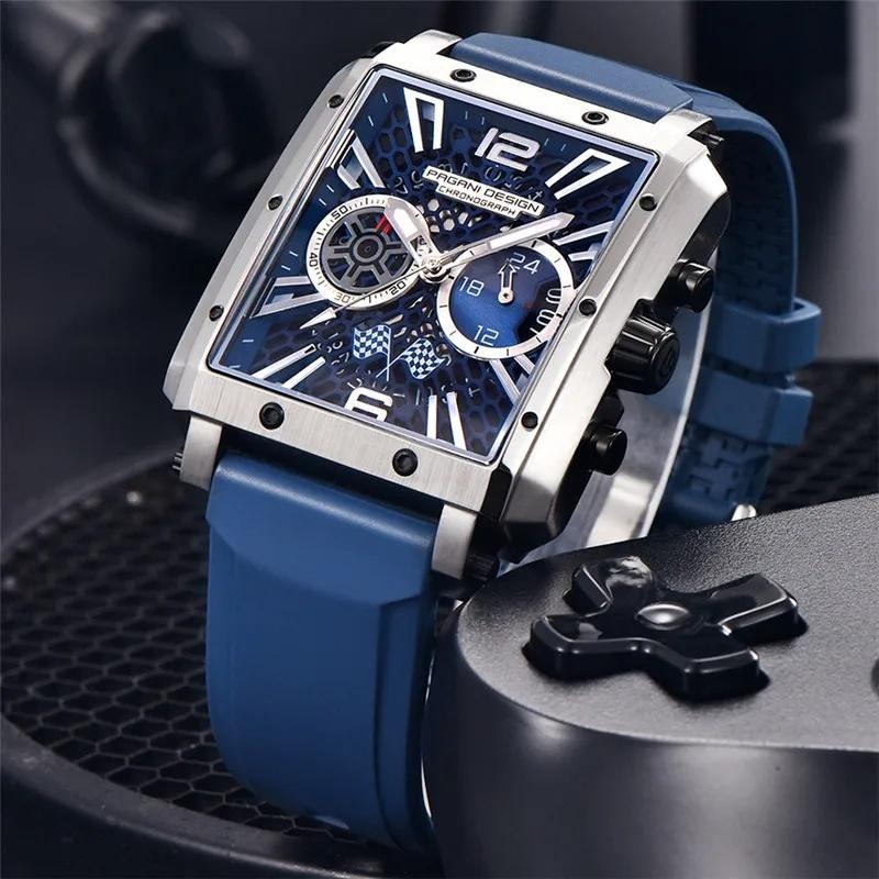PAGANI DESIGN Men's Rectangle Quartz Watch Japan TMI VK64 Movt Luxury Sapphire Skeleton Stainless Steel Waterproof Reloj Hombre