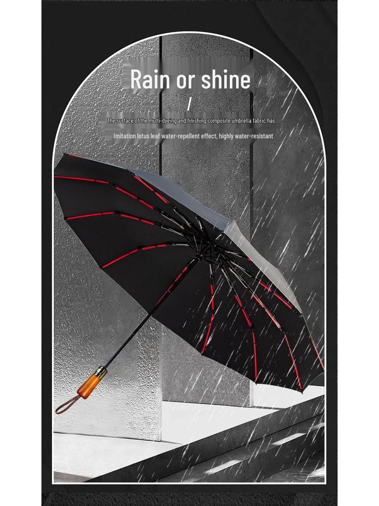 10K Automatischer Faltregenschirm mit schwarzem Kleber - Dreifach faltbar, Schutz vor Sonne & Regen mit Holzgriff.