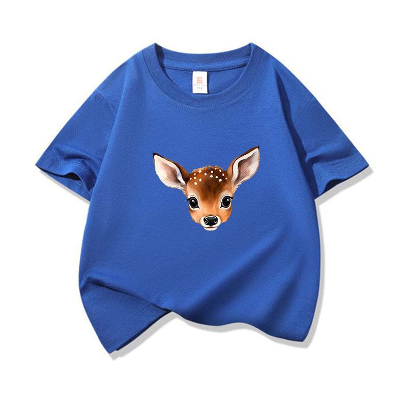Kids Cotton T Shirt Cute Peeking Deer Print Crew Neck Short Sleeve Tee Casual Breathable Boys Girls Summer Tops