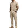 Men's Linen Short-Sleeve Henley Shirt & Long Pants Casual Sportswear Set