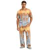 Men's Home Pajama Set, Short Sleeve Top and Long Pants with Button Fly and Drawstring Waist