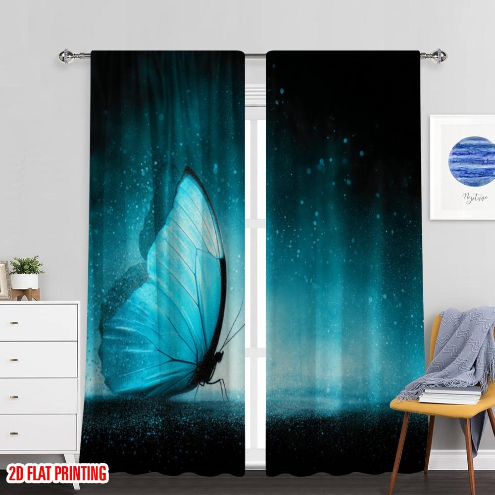 Flat Printing Scene Curtains Turquoise Butterfly Galaxy Digital Printed Polyester Drapes Party Decorations Use Po Curtain Set Of 2 Made Washable