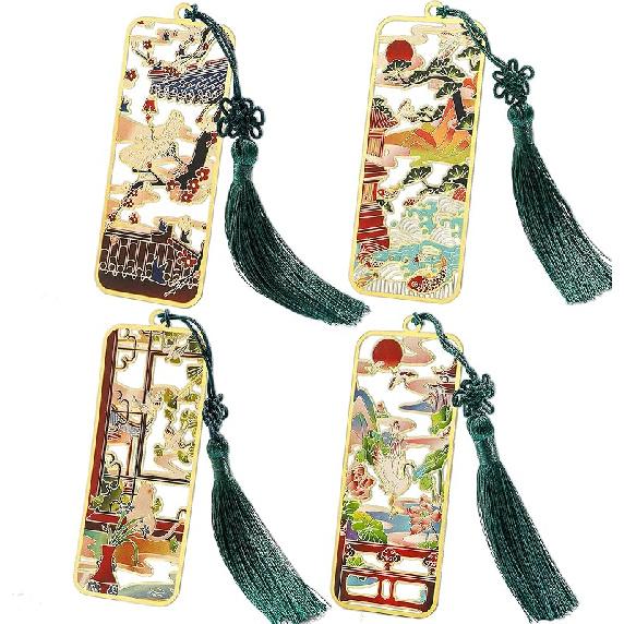 Ancient Chinese Palace Art Bookmarks, Cat Carp Flying Crane Lotus Bookmarks with Tassels, Boxed Gifts for Book Lovers Collection