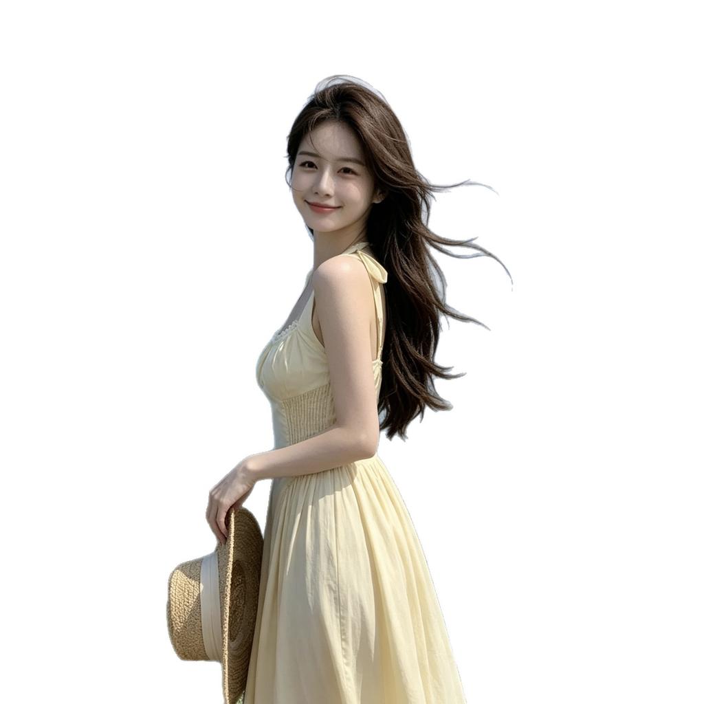 Summer New French Straps Gentle Dress Bow Holiday Temperament Sleeveless Waist Thin Long Dress Skirt
