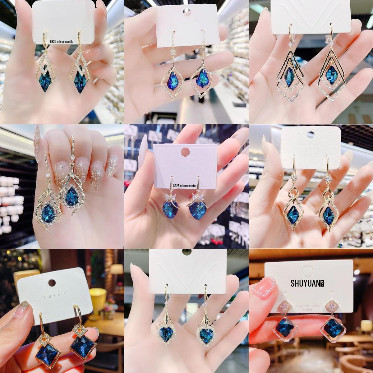 

Elegant Blue Crystal Earrings with 925 Silver Posts - Stylish Korean Long Design