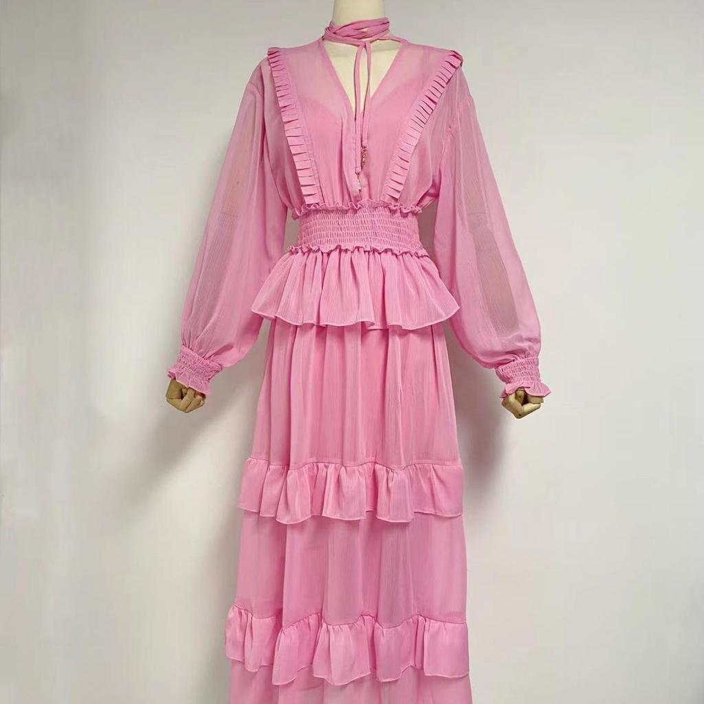 2023 Autumn Chiffon Ruffle Layered Long Dress for Women