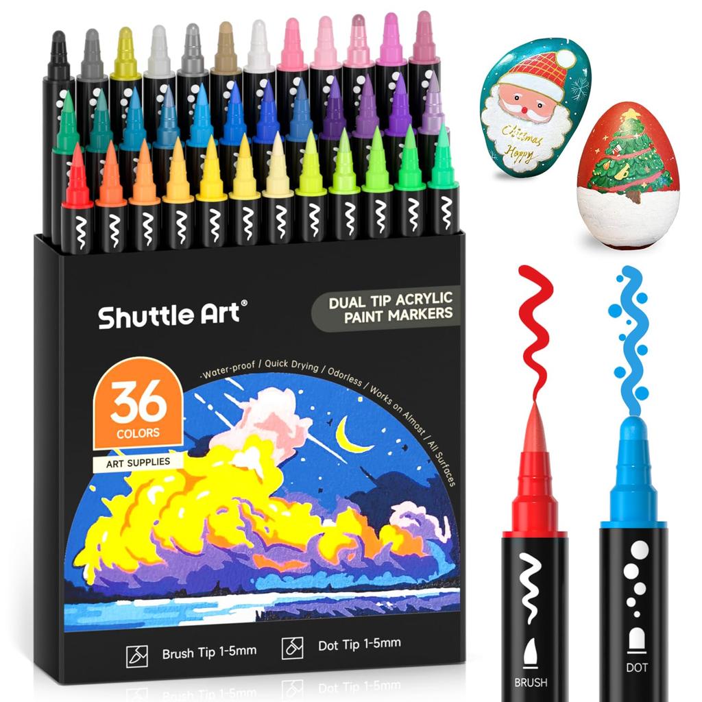 Shuttle Art Acrylic Dot Brush Tip Twin Paint Metallic Suitable for and Ideal for Handmade Art and Markers, & Pen, 36-Color Set, Water-Based Markers,