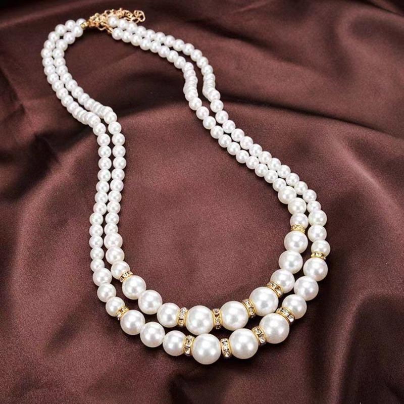 Fashion Imitation Pearl Beaded Necklace, Elegant Diamond-studded Double-layer Pearl Sweater Long Chain