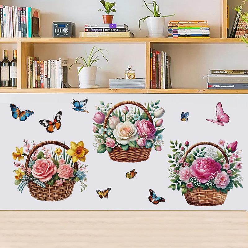 3D Wooden Barrel Wall Sticker Flower Decoration Butterfly Lavender Rose Tile Sticker Kitchen Restaurant Background Home Decor Peel and Stick