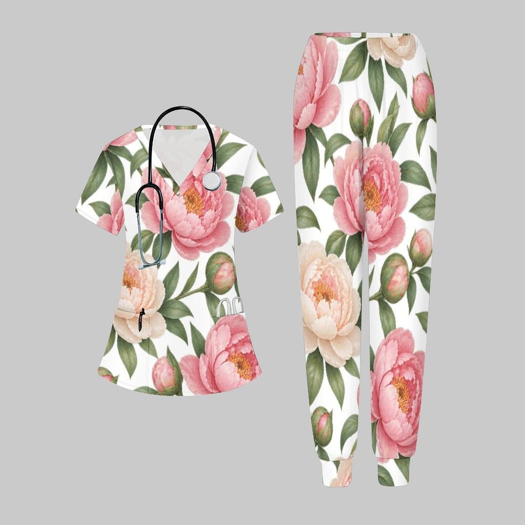 Women Plus Size Floral Printed Nurse Scrub Set V Neck Short Sleeve Pocket Top Long Pants