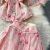 Elegant 2 Piece Set Women Summer Spring Floral Print Embroidery Prom Evening Party Long Dress Suits Crop Top Skirts Suits