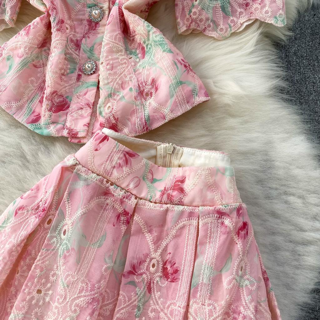 Elegant 2 Piece Set Women Summer Spring Floral Print Embroidery Prom Evening Party Long Dress Suits Crop Top Skirts Suits