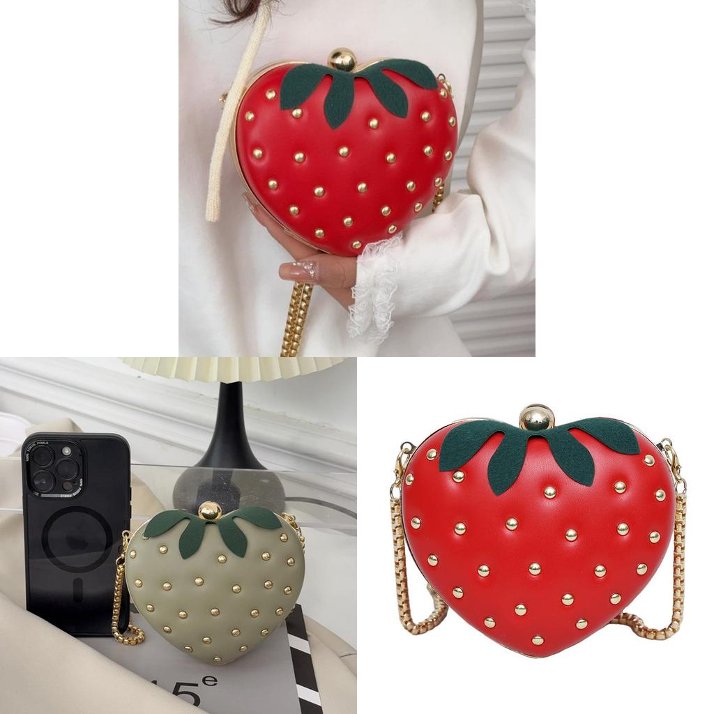 Strawberry Bag Small Heart Shape Pu With Rivets For Street Style Fashion