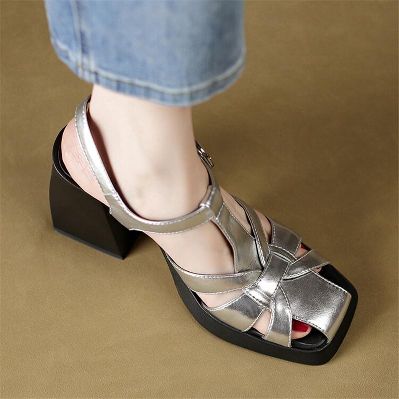 Fashion Summer Sandals Split Leather Women Shoes Square Toe High Heels Sandals for Women Handmade Fashion Roman Shoes Platform Sandals