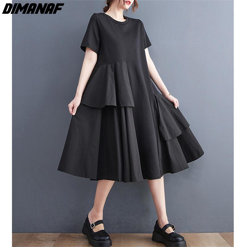 

DIMANAF летнее женское платье больших размеров из хлопка с оборками, свободная повседневная одежда, новинка 2022, черная