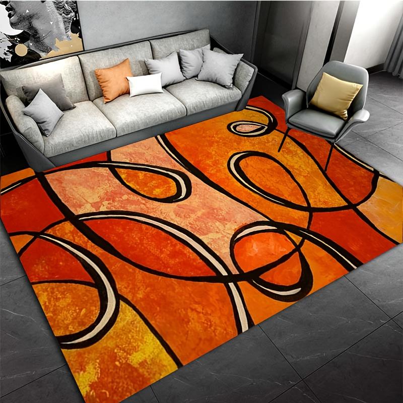 Tapis de Bain Géométrique Orange Abstrait, Tapis Antidérapant Imprimé Lignes Noires, Moquette Douce pour Salle de Bain, Salon, Cuisine, Décoration Moderne