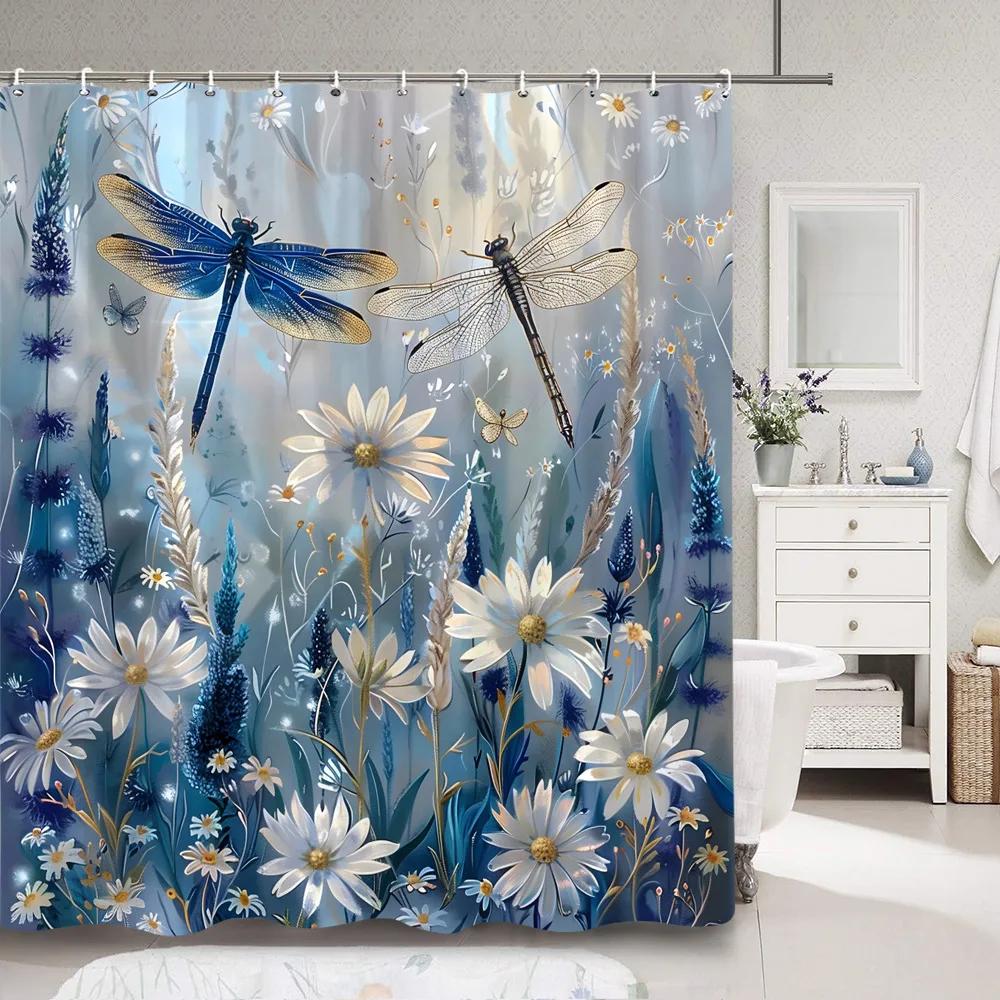 Dragonfly Watercolour Shower Curtain Dandelion Lavender Flower Polyester Fabric Home Art Bath Curtains Bathroom Decor with Hooks