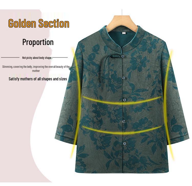 Chinese Style Tang Suit Top - Summer Three-Quarter Sleeve Shirt for Middle-Aged and Elderly Women
