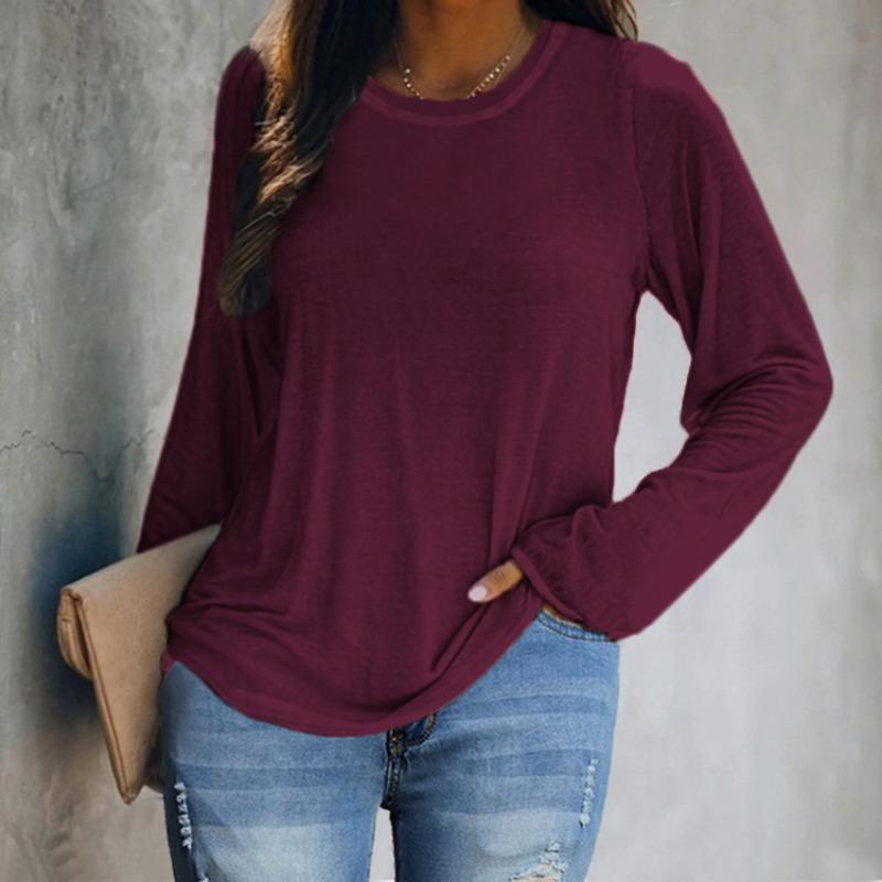 Spring Autumn Women's Round Neck Casual Color Long Sleeved T-shirt Top