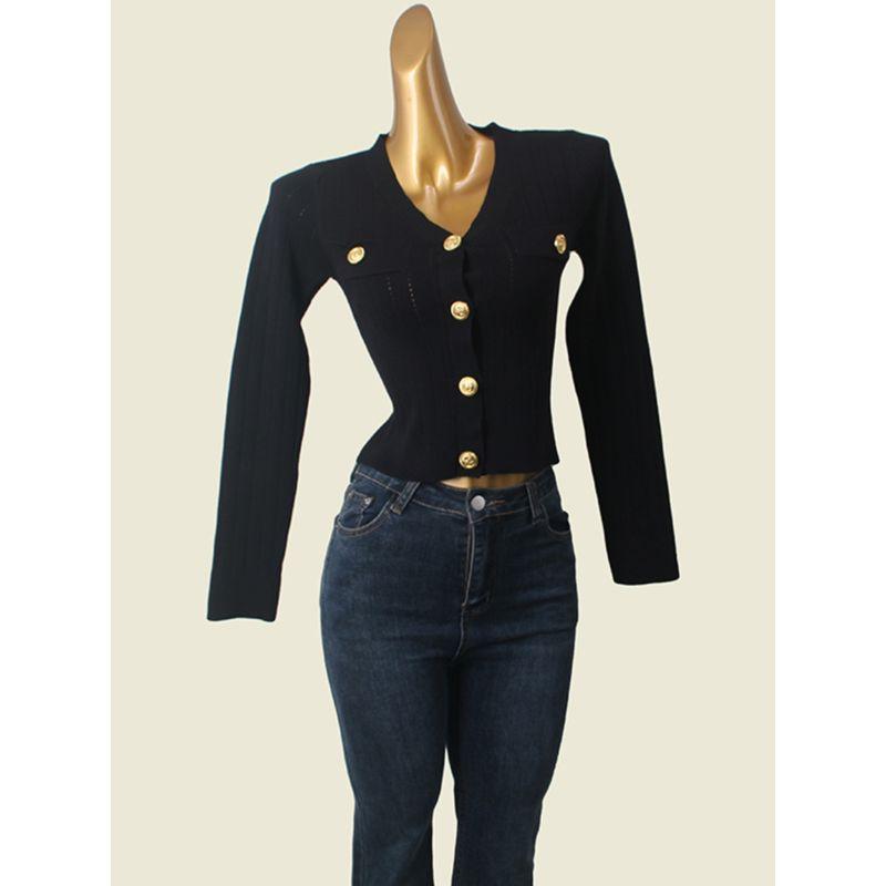 2024 New Arrival French Classic Style Black Knitting Cardigan Outwear Elegant Slim-Fit Crop-Top Women