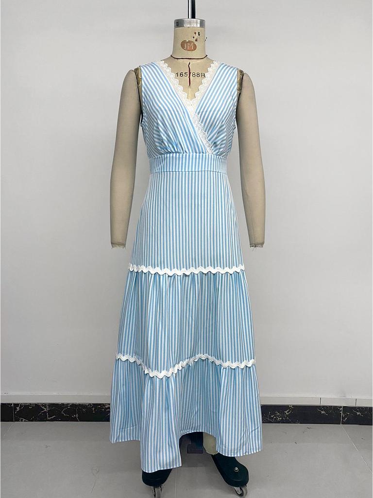 2026 European Striped Lace Patchwork Maxi Dress - Waist-Cinched, V-Neck, Sleeveless, Summer Style for Women