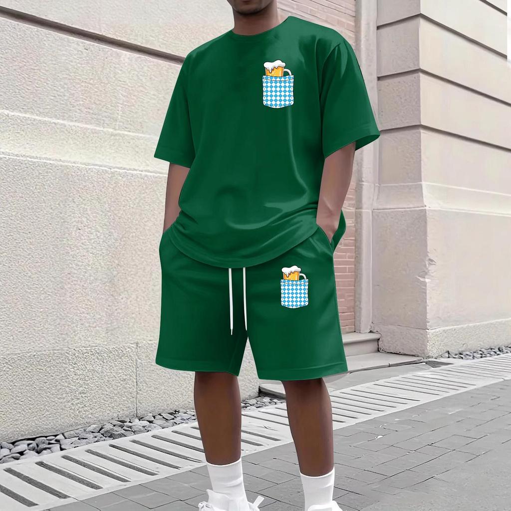 Herren Casual Kurzarm T-Shirt und Shorts Set Rundhalsausschnitt Oberteil und Bund mit Kordelzug Unterteil mit Taschen detail Geeignet für den täglichen Gebrauch
