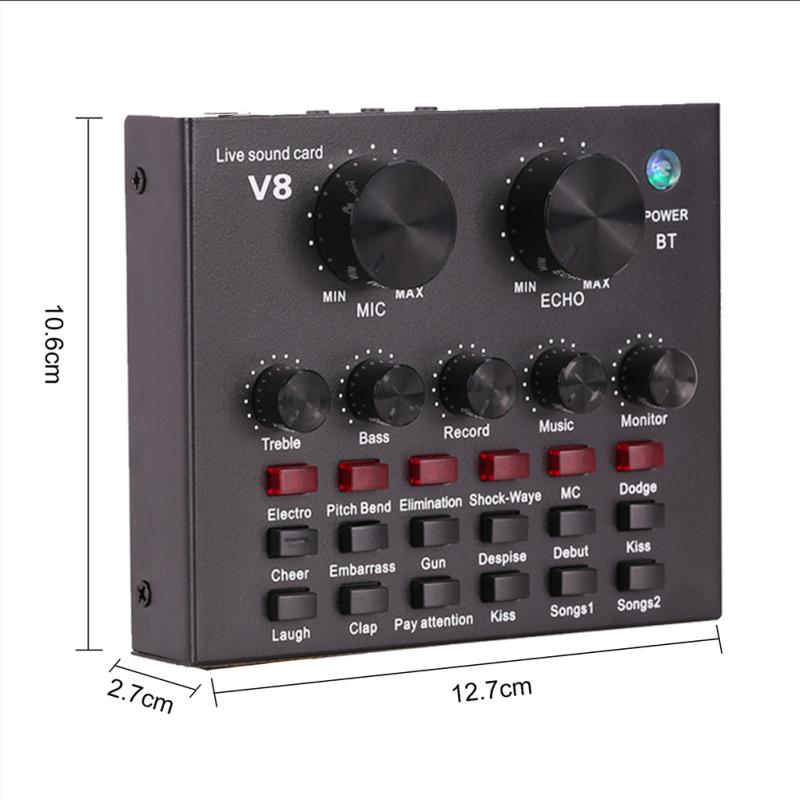 V8 Placa de som multifuncional ao vivo Interface de áudio USB Mixer de áudio ajustável com volume inteligente