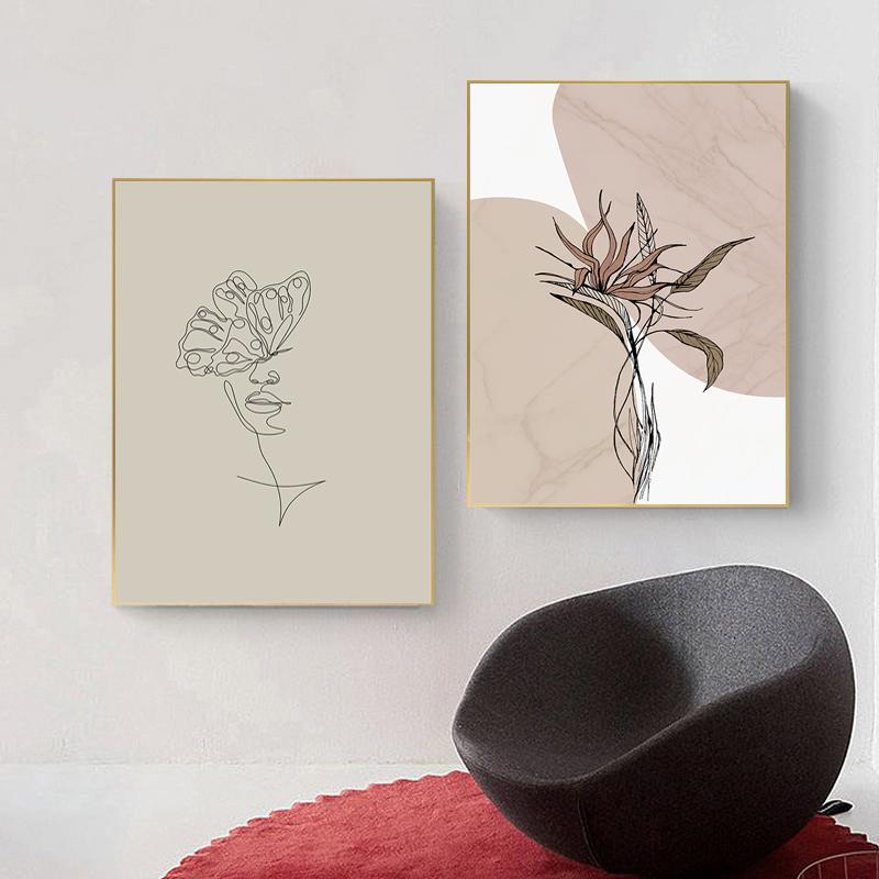 Pictură abstractă de artă de perete Soarele Boho Postere și imprimeuri Față de flori Imprimare pe pânză Femeie nudă Poze de perete pentru decor viu