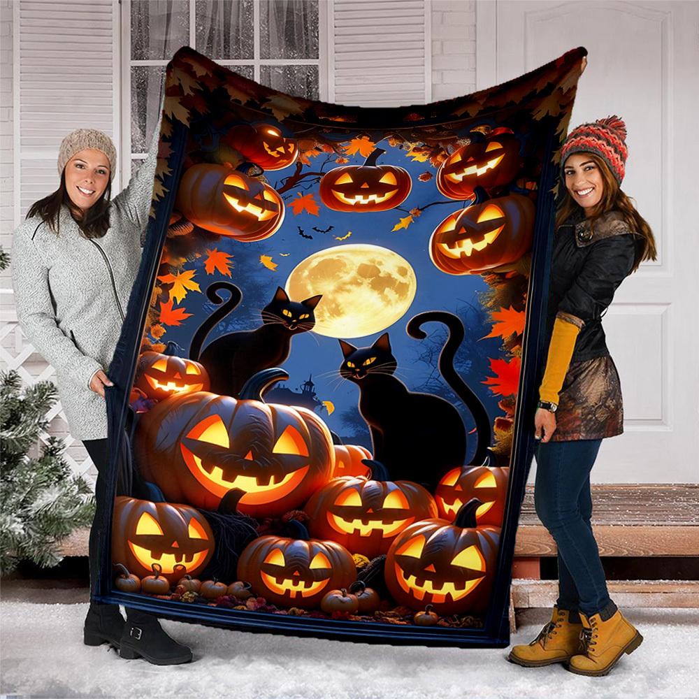 1pc Pumpkins Black Cats Throw Blanket Polyester Fiber, Lightweight Flannel, Soft & Warm, All Season Use for Outdoor, Camping Digital Print
