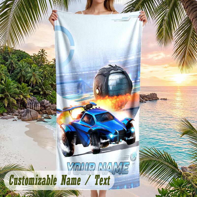 Rocket League Beach Towel, Personalized Custom Text, Quick Dry Soft Large Towel For Swimming Pool Travel