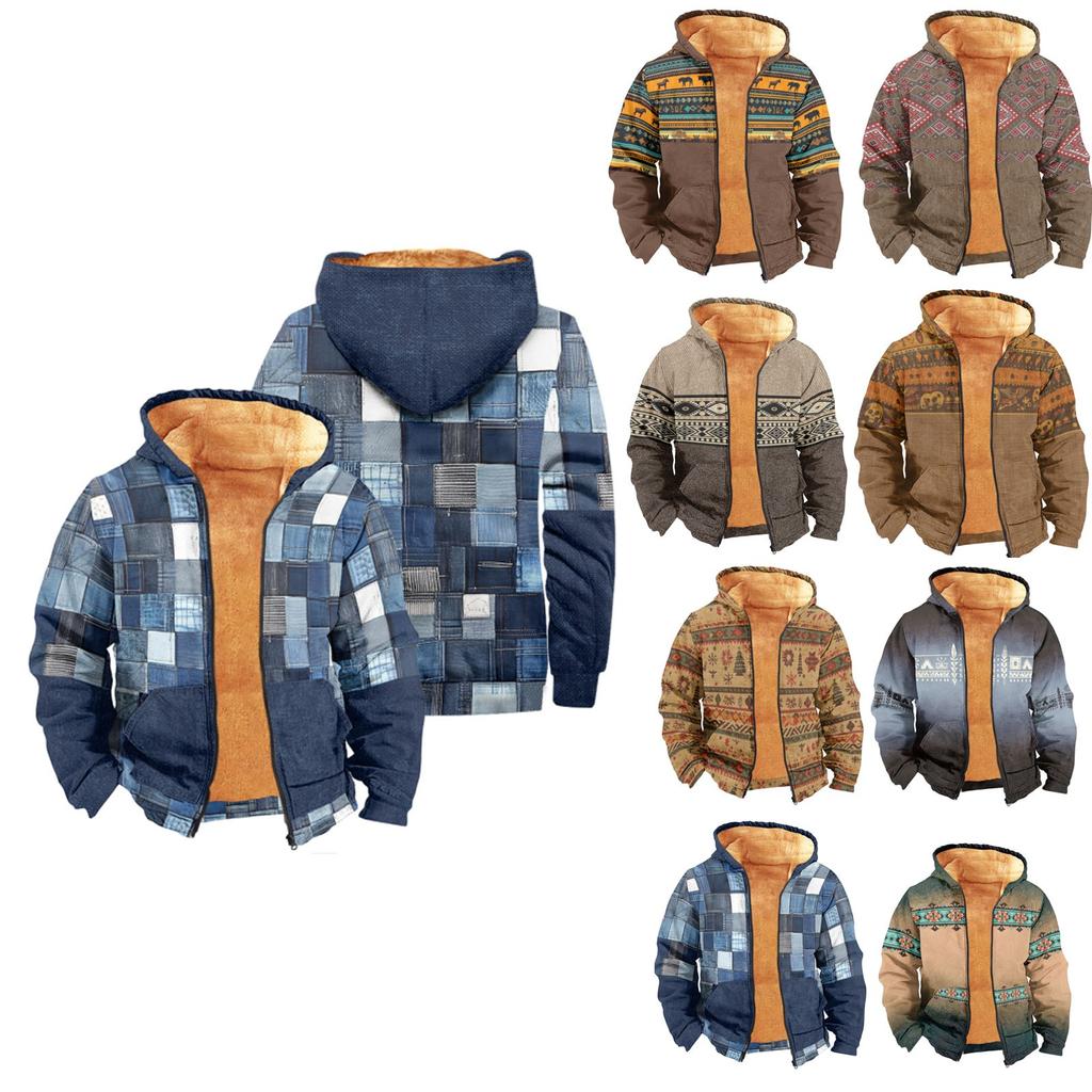 Men's Print Long Sleeve Pocket Coat Fashion Plus Velvet Overcoat