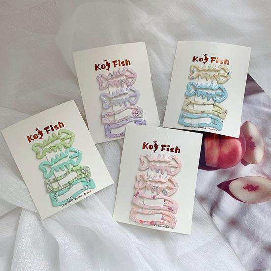 4Pcs Girl Hairpins Childlike Pattern Fish Bone Geometry Shape Strong Grip